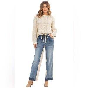 Boutique Trendy Stylish Two Tone Distressed Jeans Relaxed Leg High Waist Casual